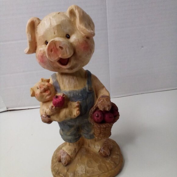 Pig In Overalls Farmer Bobblehead Piglet Baby Apples Resin Cottagecore Country - Picture 6 of 14